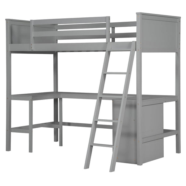 English Elm Twin Loft Bed with Built-in Desk and Open Shelves Solid Pine Kids Study Sleep Gray LT001537AAE-1