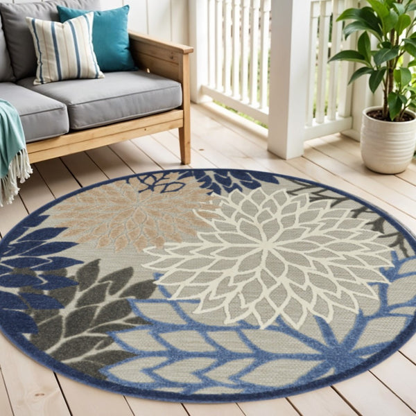 HomeRoots 5' Elegant Ivory and Blue Round Indoor-Outdoor Area Rug with Timeless Floral Design and Durability 5? 384821