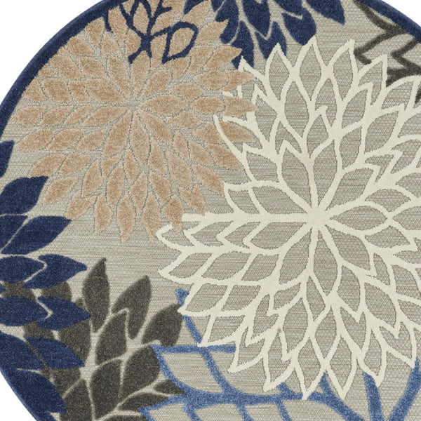 HomeRoots 5' Elegant Ivory and Blue Round Indoor-Outdoor Area Rug with Timeless Floral Design and Durability 5? 384821