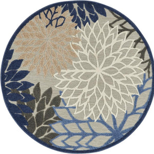 HomeRoots 5' Elegant Ivory and Blue Round Indoor-Outdoor Area Rug with Timeless Floral Design and Durability 5? 384821