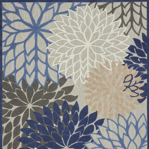 HomeRoots 5' Elegant Ivory and Blue Round Indoor-Outdoor Area Rug with Timeless Floral Design and Durability 7?x10? 384823