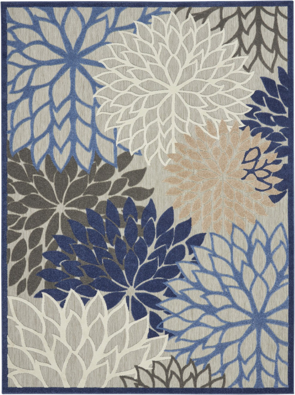 HomeRoots 5' Elegant Ivory and Blue Round Indoor-Outdoor Area Rug with Timeless Floral Design and Durability 7?x10? 384823