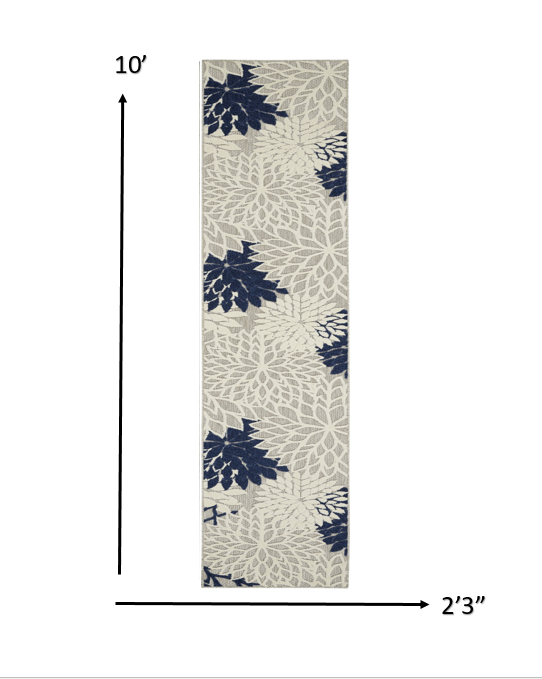 Homeroots 2' X 10' Ivory And Blue Floral Indoor Outdoor Area Rug Ivory Navy Polypropylene 384827