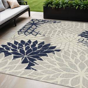 HomeRoots 5' Timeless Floral Indoor Outdoor Rug - Durable, Easy-Care, Versatile Accent for Any Space 5'x8' Area Rug Ivory Navy 384833