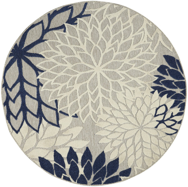 Homeroots 5' Round Ivory And Blue Round Floral Indoor Outdoor Area Rug Ivory Navy Polypropylene 384834