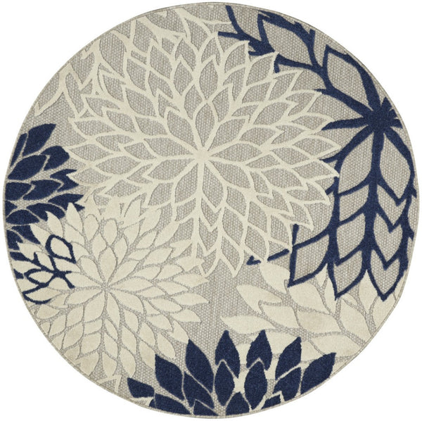 HomeRoots 5' Timeless Floral Indoor Outdoor Rug - Durable, Easy-Care, Versatile Accent for Any Space 5' Round Area Rug Ivory Navy 384834