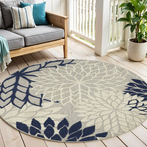 HomeRoots 5' Timeless Floral Indoor Outdoor Rug - Durable, Easy-Care, Versatile Accent for Any Space 5' Round Area Rug Ivory Navy 384834