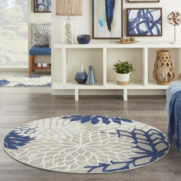 HomeRoots 5' Timeless Floral Indoor Outdoor Rug - Durable, Easy-Care, Versatile Accent for Any Space 5' Round Area Rug Ivory Navy 384834