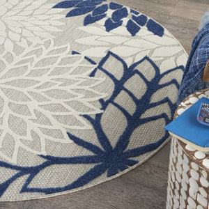 HomeRoots 5' Timeless Floral Indoor Outdoor Rug - Durable, Easy-Care, Versatile Accent for Any Space 5' Round Area Rug Ivory Navy 384834