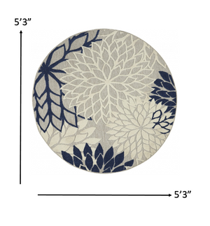 Homeroots 5' Round Ivory And Blue Round Floral Indoor Outdoor Area Rug Ivory Navy Polypropylene 384834