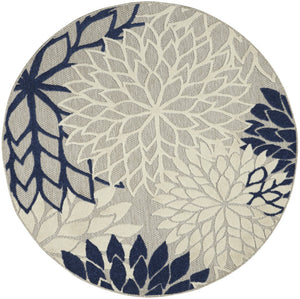 HomeRoots 5' Timeless Floral Indoor Outdoor Rug - Durable, Easy-Care, Versatile Accent for Any Space 5' Round Area Rug Ivory Navy 384834