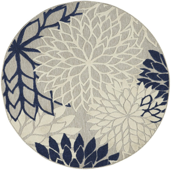 HomeRoots 5' Timeless Floral Indoor Outdoor Rug - Durable, Easy-Care, Versatile Accent for Any Space 5' Round Area Rug Ivory Navy 384834