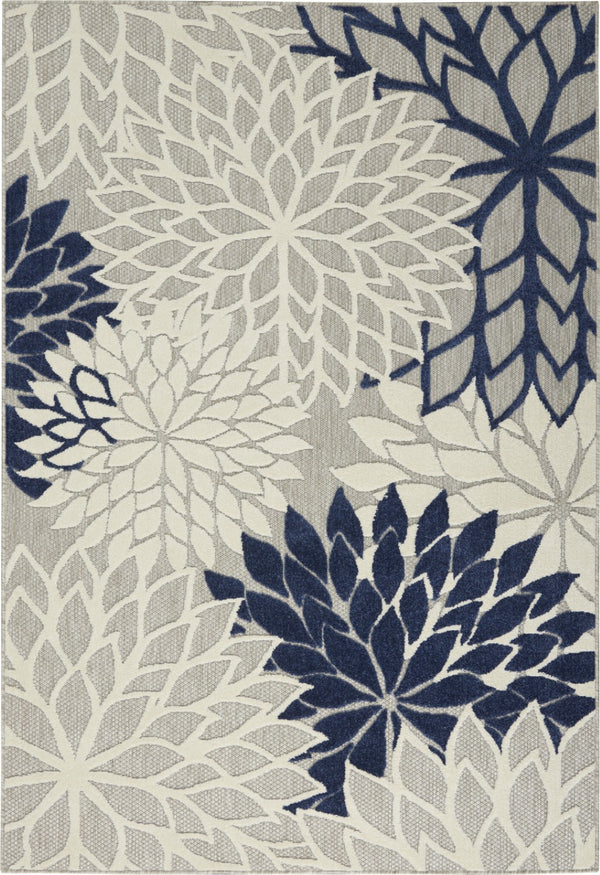 HomeRoots 5' Timeless Floral Indoor Outdoor Rug - Durable, Easy-Care, Versatile Accent for Any Space 6'x9' Area Rug Ivory Navy 384835