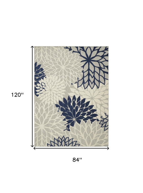 HomeRoots 5' Timeless Floral Indoor Outdoor Rug - Durable, Easy-Care, Versatile Accent for Any Space 7'x10' Area Rug Ivory Navy 384836