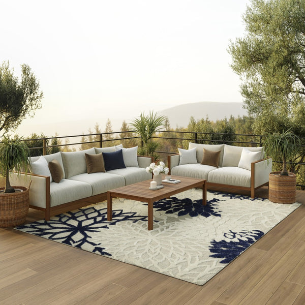 HomeRoots 5' Timeless Floral Indoor Outdoor Rug - Durable, Easy-Care, Versatile Accent for Any Space 7'x10' Area Rug Ivory Navy 384836