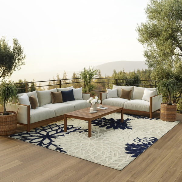 HomeRoots 5' Timeless Floral Indoor Outdoor Rug - Durable, Easy-Care, Versatile Accent for Any Space 8'x11' Area Rug Ivory Navy 384837