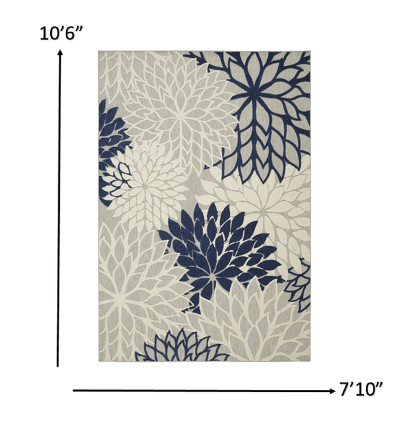 Homeroots 8' X 11' Ivory And Blue Floral Indoor Outdoor Area Rug Ivory Navy Polypropylene 384837