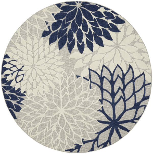 Homeroots 8' Round Ivory And Blue Round Floral Indoor Outdoor Area Rug Ivory Navy Polypropylene 384838
