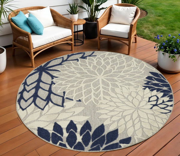 HomeRoots 5' Timeless Floral Indoor Outdoor Rug - Durable, Easy-Care, Versatile Accent for Any Space 8' Round Area Rug Ivory Navy 384838