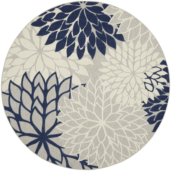 HomeRoots 5' Timeless Floral Indoor Outdoor Rug - Durable, Easy-Care, Versatile Accent for Any Space 8' Round Area Rug Ivory Navy 384838