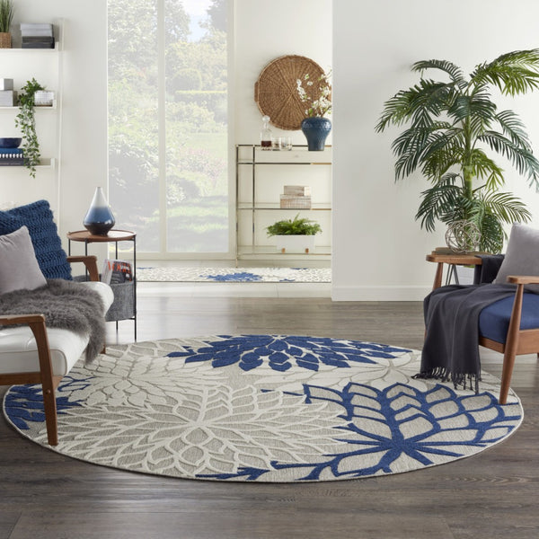 HomeRoots 5' Timeless Floral Indoor Outdoor Rug - Durable, Easy-Care, Versatile Accent for Any Space 8' Round Area Rug Ivory Navy 384838