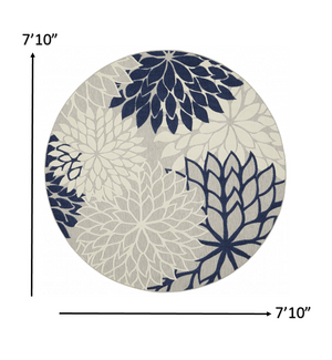 Homeroots 8' Round Ivory And Blue Round Floral Indoor Outdoor Area Rug Ivory Navy Polypropylene 384838