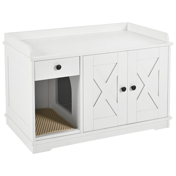 English Elm GO Cat Litter Box Enclosure with Storage Drawer & Mat, Farmhouse White Indoor Cat House Side Table N704P265258K