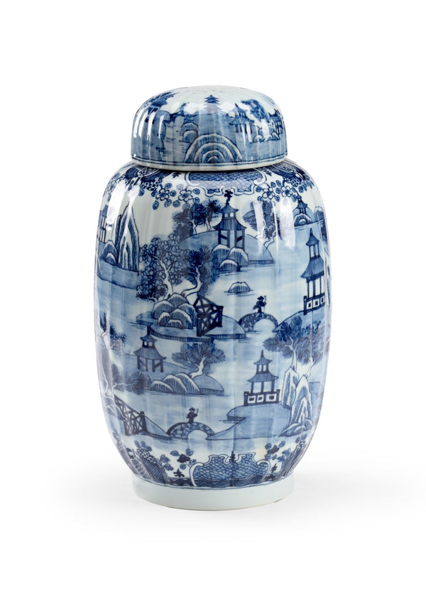Chelsea House Lidded Spencer Vase — Hand-Painted Blue & White Porcelain Landscape With Dome Lid, 16" Decorative Accent 384841