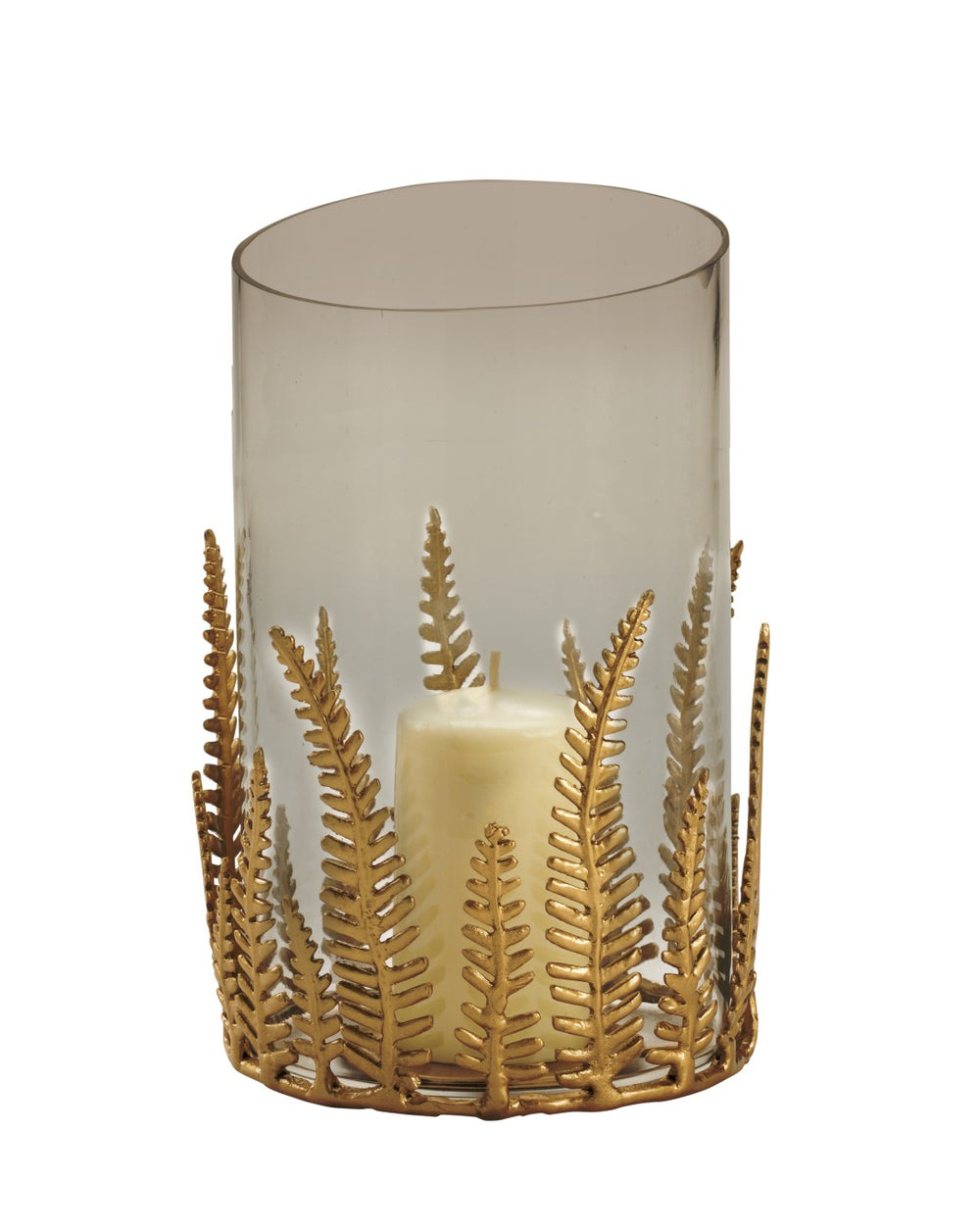 Chelsea House Fern Hurricane Glass & Brass Fern Leaf Candle Holder — 12.5" Elegant Centerpiece For Tables, Mantels 384854