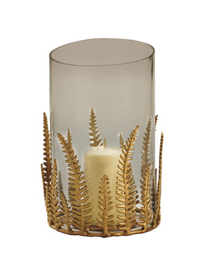 Chelsea House Fern Hurricane Glass & Brass Fern Leaf Candle Holder — 12.5" Elegant Centerpiece For Tables, Mantels 384854