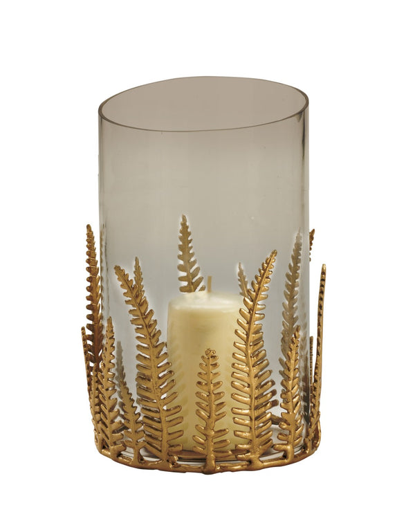 Chelsea House Fern Hurricane Glass & Brass Fern Leaf Candle Holder — 12.5" Elegant Centerpiece For Tables, Mantels 384854