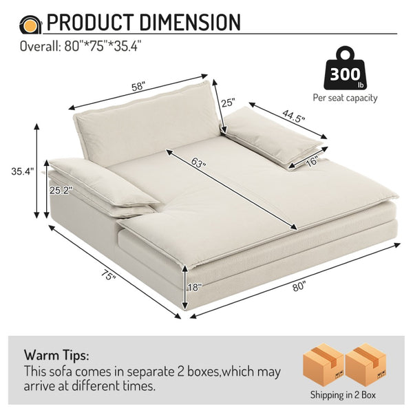 English Elm Modern Chenille Double Chaise Lounge Deep Seat Sofa with Detachable Backrest and Pillows Beige+White W1885S00412