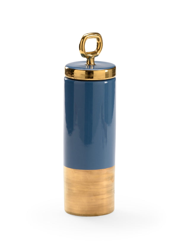 Chelsea House French French Blue Lidded Jar By Claire Bell — Glazed Ceramic With Metallic Gold Accents, Sculptural DéCor 384860