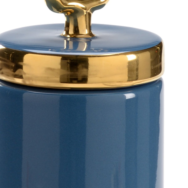 Chelsea House French French Blue Lidded Jar By Claire Bell — Glazed Ceramic With Metallic Gold Accents, Sculptural DéCor 384860