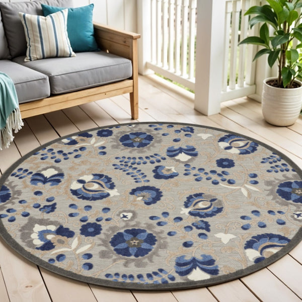 HomeRoots 5' Elegant Blue and Gray Floral Area Rug for Indoor and Outdoor Spaces - Durable, Easy Maintenance Design 5' Round Area Rug 384860