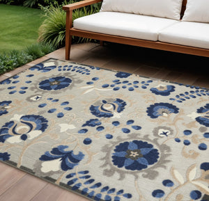 HomeRoots 5' Elegant Blue and Gray Floral Area Rug for Indoor and Outdoor Spaces - Durable, Easy Maintenance Design 8'x11' Area Rug 384863