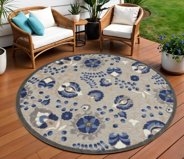 HomeRoots 5' Elegant Blue and Gray Floral Area Rug for Indoor and Outdoor Spaces - Durable, Easy Maintenance Design 8' Round Area Rug 384864