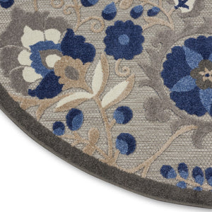 HomeRoots 5' Elegant Blue and Gray Floral Area Rug for Indoor and Outdoor Spaces - Durable, Easy Maintenance Design 8' Round Area Rug 384864