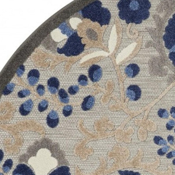 HomeRoots 5' Elegant Blue and Gray Floral Area Rug for Indoor and Outdoor Spaces - Durable, Easy Maintenance Design 8' Round Area Rug 384864