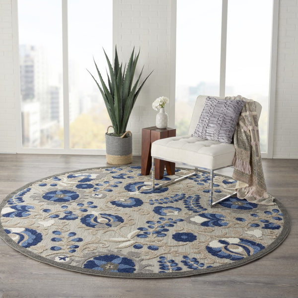 HomeRoots 5' Elegant Blue and Gray Floral Area Rug for Indoor and Outdoor Spaces - Durable, Easy Maintenance Design 8' Round Area Rug 384864
