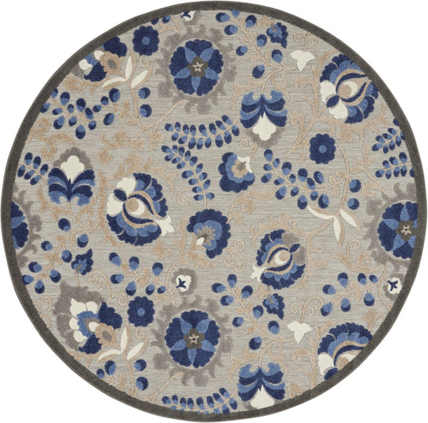 HomeRoots 5' Elegant Blue and Gray Floral Area Rug for Indoor and Outdoor Spaces - Durable, Easy Maintenance Design 8' Round Area Rug 384864