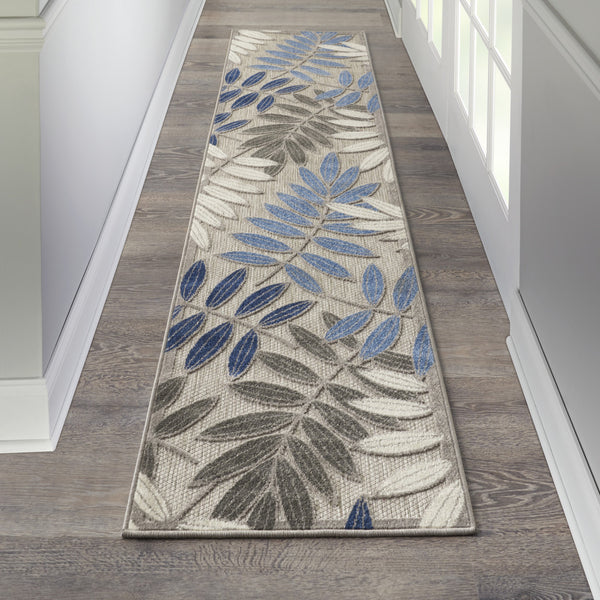 Homeroots 2' X 10' Grey/Blue Floral Indoor Outdoor Area Rug  Polypropylene 384866