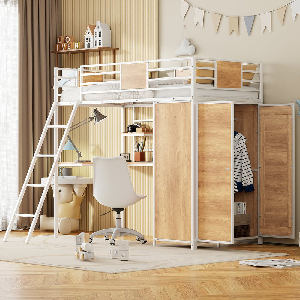English Elm Twin Loft Bed with L-Shaped Desk and Wardrobe — Space-Saving Iron & Wood Design for Study & Storage White SF000168AAK