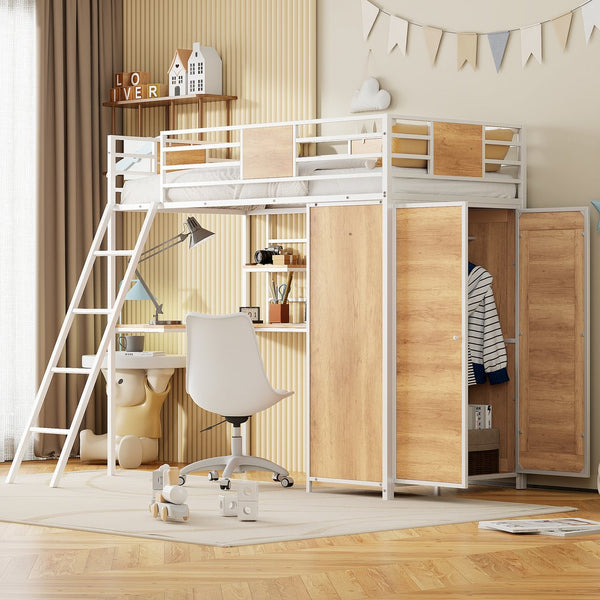 English Elm Twin Loft Bed with L-Shaped Desk and Wardrobe — Space-Saving Iron & Wood Design for Study & Storage White SF000168AAK