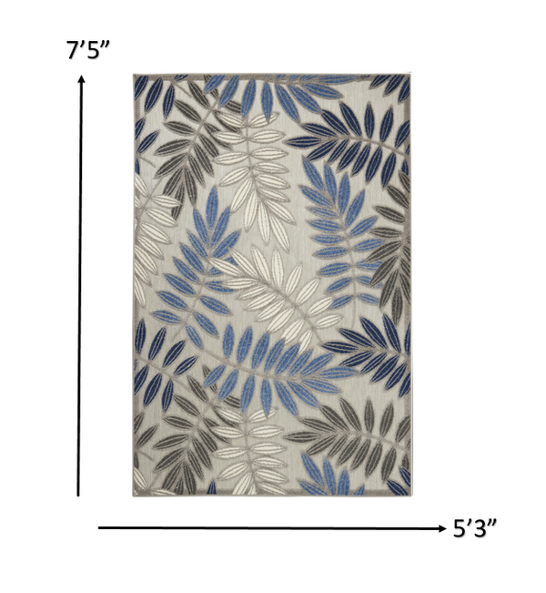 Homeroots 5' X 7' Blue And Gray Floral Stain Resistant Indoor Outdoor Area Rug  Polypropylene 384871