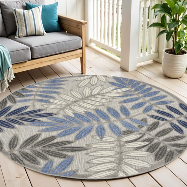 HomeRoots 5' Blue and Gray Floral Area Rug - Durable Indoor Outdoor Comfort for Stylish Living Spaces 5' Round 384872