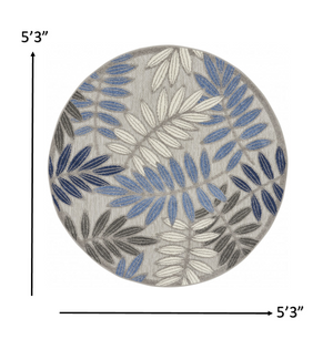 Homeroots 5' Round Blue And Gray Round Floral Indoor Outdoor Area Rug  Polypropylene 384872