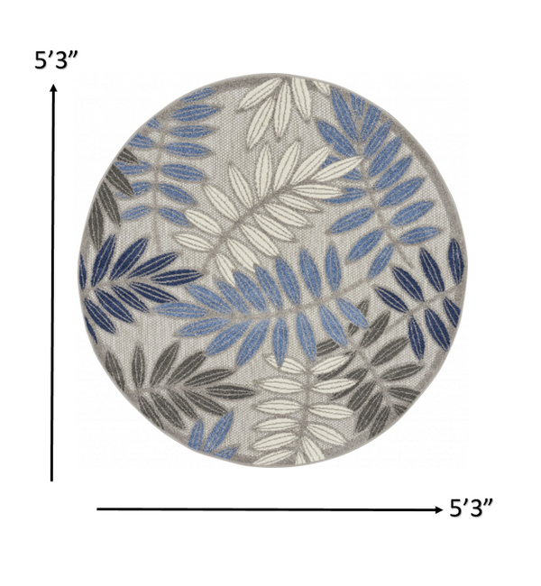 Homeroots 5' Round Blue And Gray Round Floral Indoor Outdoor Area Rug  Polypropylene 384872