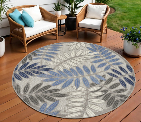 HomeRoots 5' Blue and Gray Floral Area Rug - Durable Indoor Outdoor Comfort for Stylish Living Spaces 8' Round 384876