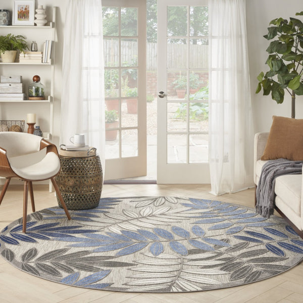 HomeRoots 5' Blue and Gray Floral Area Rug - Durable Indoor Outdoor Comfort for Stylish Living Spaces 8' Round 384876